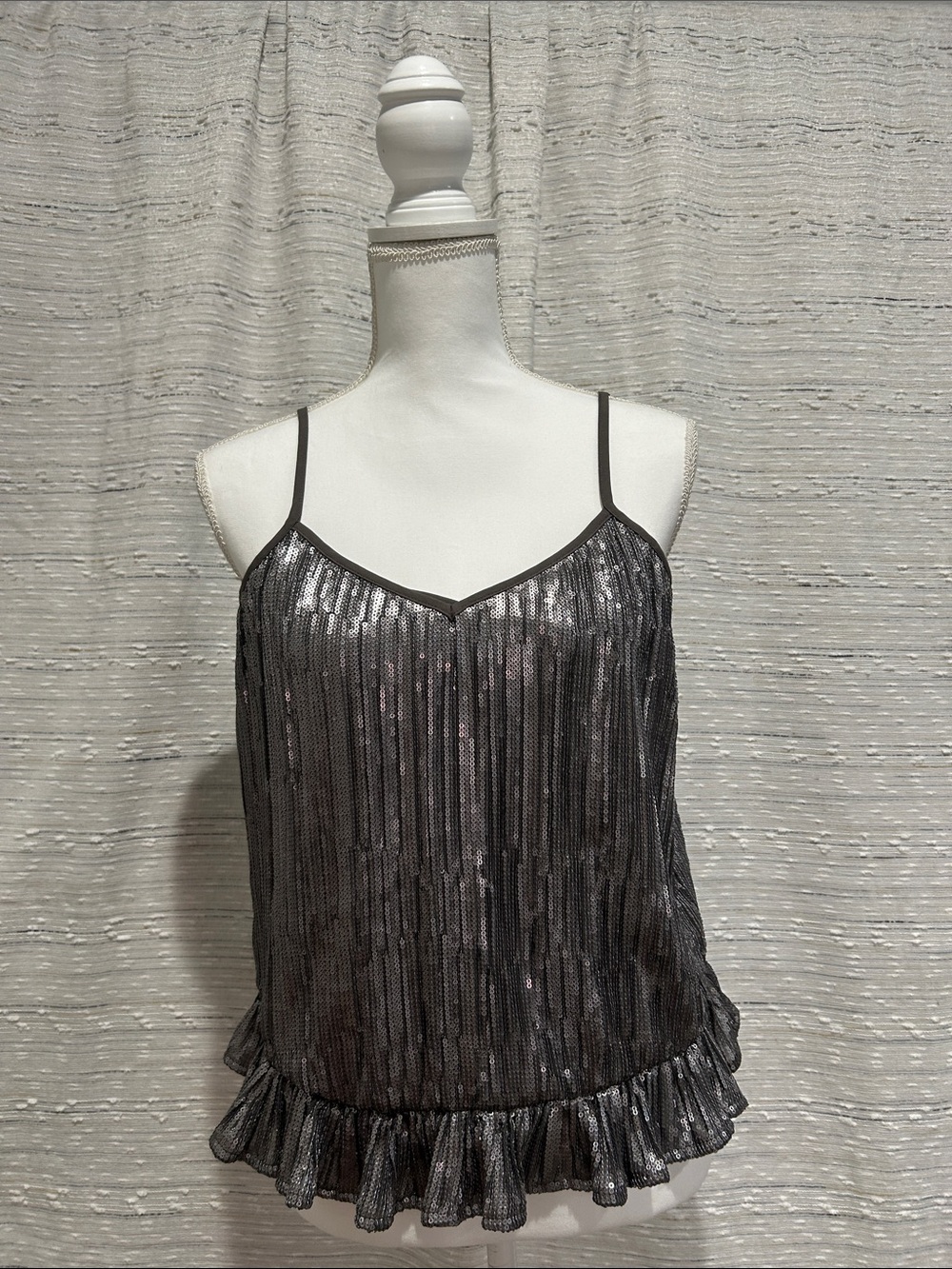 Anthropologie Silver Sequin Ruffle-Hem Camisole